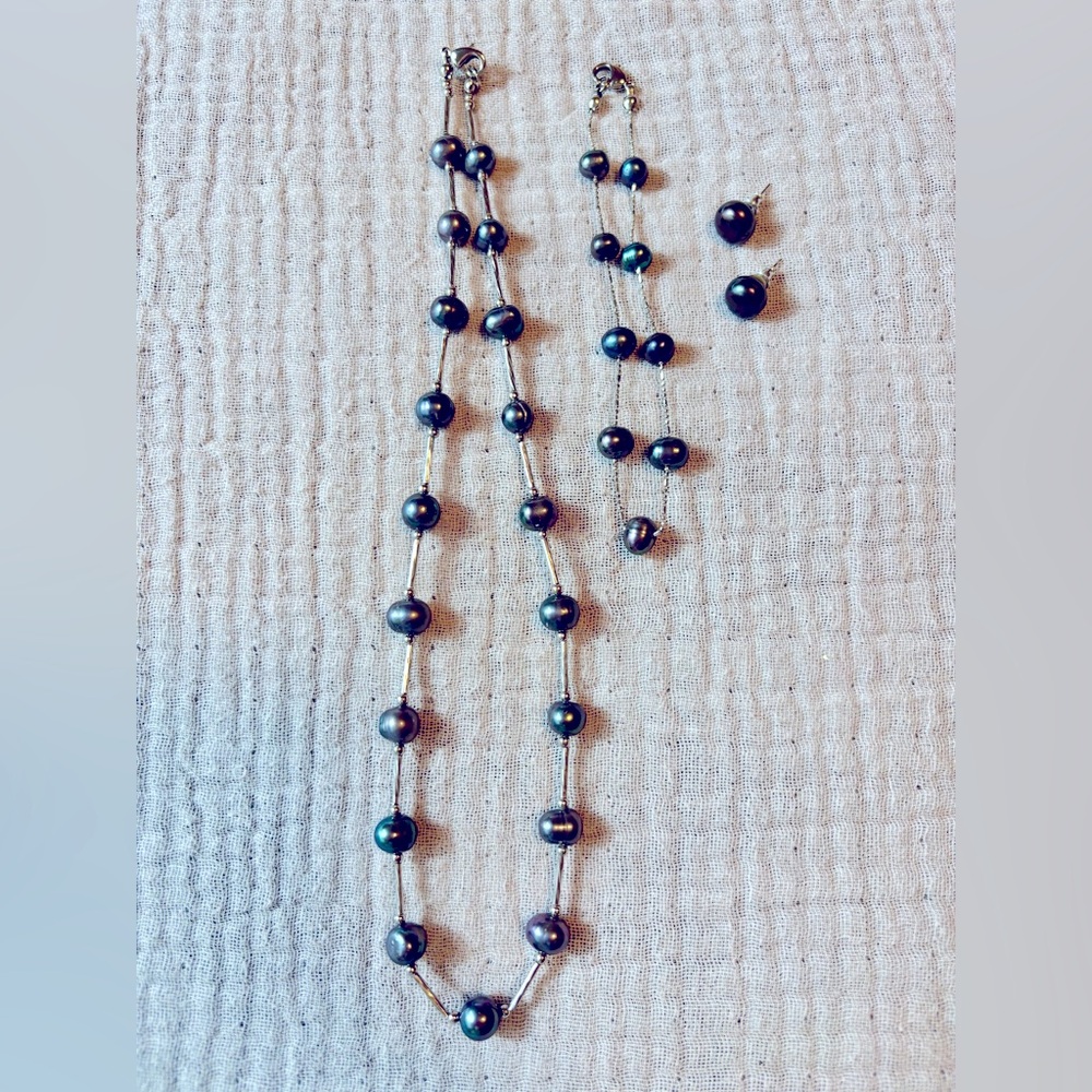 Black freswater Pearl Jewelry Set, necklace, anklet, earrings